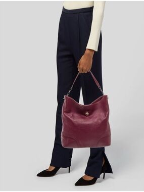 Tory Burch Hobo Shoulder Handbag Gold Detail burgundy